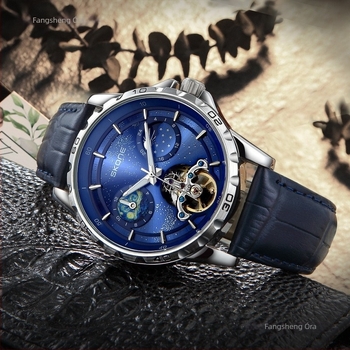 Skone Tourbillon Sun Moon Star férfi automata mechanikus karóra (Automata mozgás, 30m vízállóság, valódi bőr szíj, ötvözet tokkal)