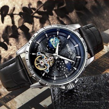 Skone Tourbillon Sun Moon Star férfi automata mechanikus karóra (Automata mozgás, 30m vízállóság, valódi bőr szíj, ötvözet tokkal)