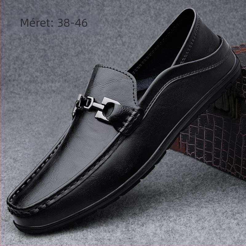 Férfi slip-on loafers split bőrből, négyszögletes orr, lapos sarok, gumírozott talp, PU talpbetét