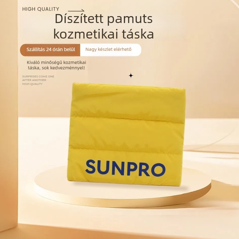 Utazási kozmetikai táska, vízszintes négyzetes forma, poliészter, betűs mintázat, cipzáras nyitás