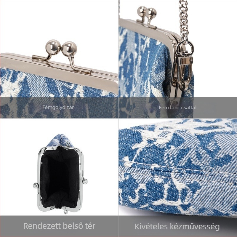 Denim női kézitáska, utcai divat stílusban, vízszintes négyzetes forma, záras lezárás, telefontok