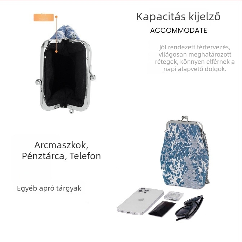 Denim női kézitáska, utcai divat stílusban, vízszintes négyzetes forma, záras lezárás, telefontok