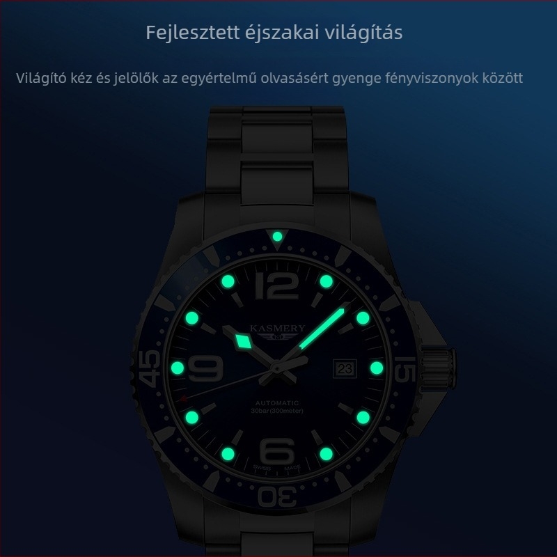 Férfi mechanikus karóra csontvázas tourbillonnal, rozsdamentes acél tokkal és fémcsattal, 30 m vízállóság, világító mutatók, naptár
