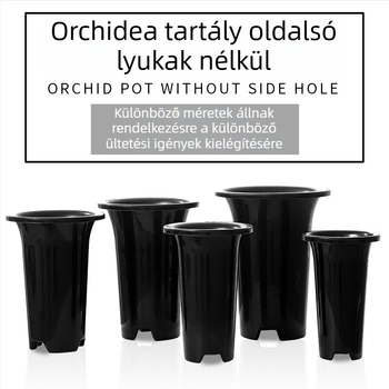 Oldalsó lyuk nélküli műanyag orchideatál, megemelt, vastag falú, lélegző; falra, asztalra vagy padlóra helyezhető.