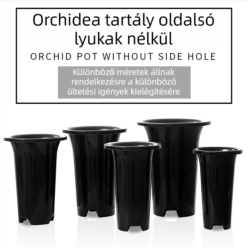 Oldalsó lyuk nélküli műanyag orchideatál, megemelt, vastag falú, lélegző; falra, asztalra vagy padlóra helyezhető.