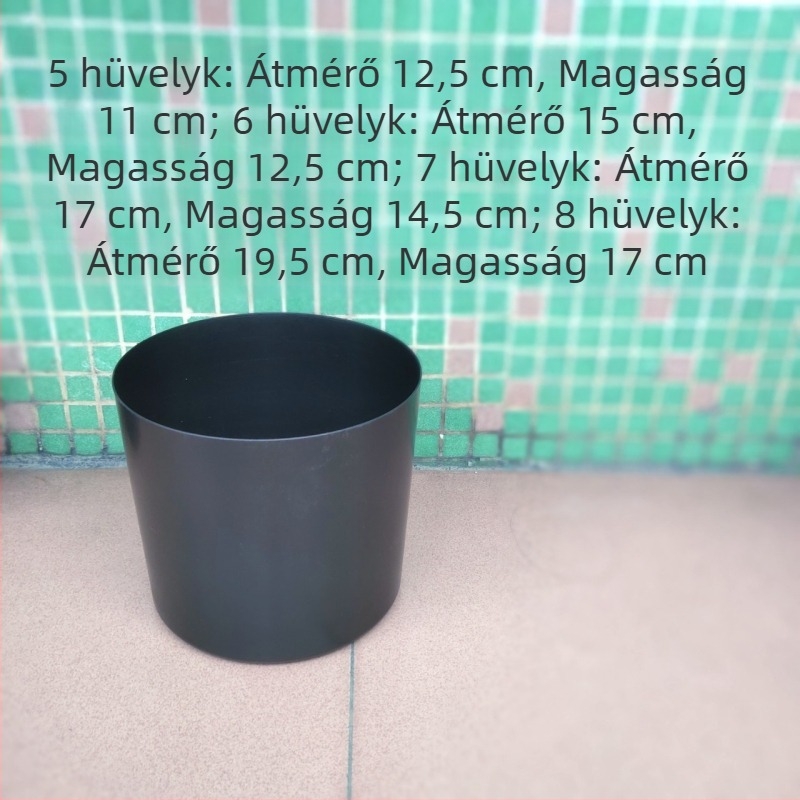 Fekete PP műanyag virágtartó mesterséges növényekhez, fényes felület, egyenes, hengeres forma, méretek 5, 6, 7 és 8 hüvelyk.