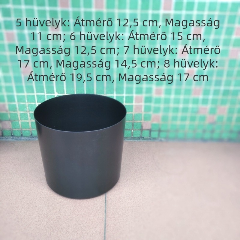 Fekete PP műanyag virágtartó mesterséges növényekhez, fényes felület, egyenes, hengeres forma, méretek 5, 6, 7 és 8 hüvelyk.