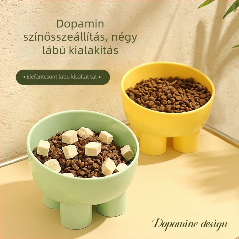 Macska ételtál nyakvédővel, elefántlábak formájú állvány, nagy nyílás, csúszásmentes, macaron színű