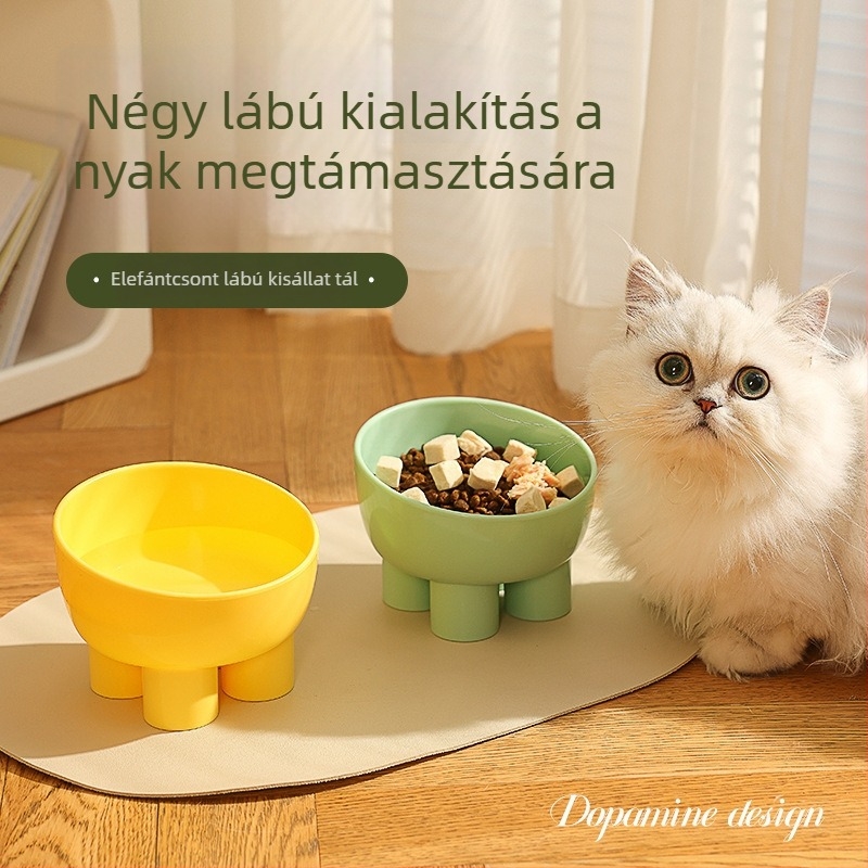Macska ételtál nyakvédővel, elefántlábak formájú állvány, nagy nyílás, csúszásmentes, macaron színű