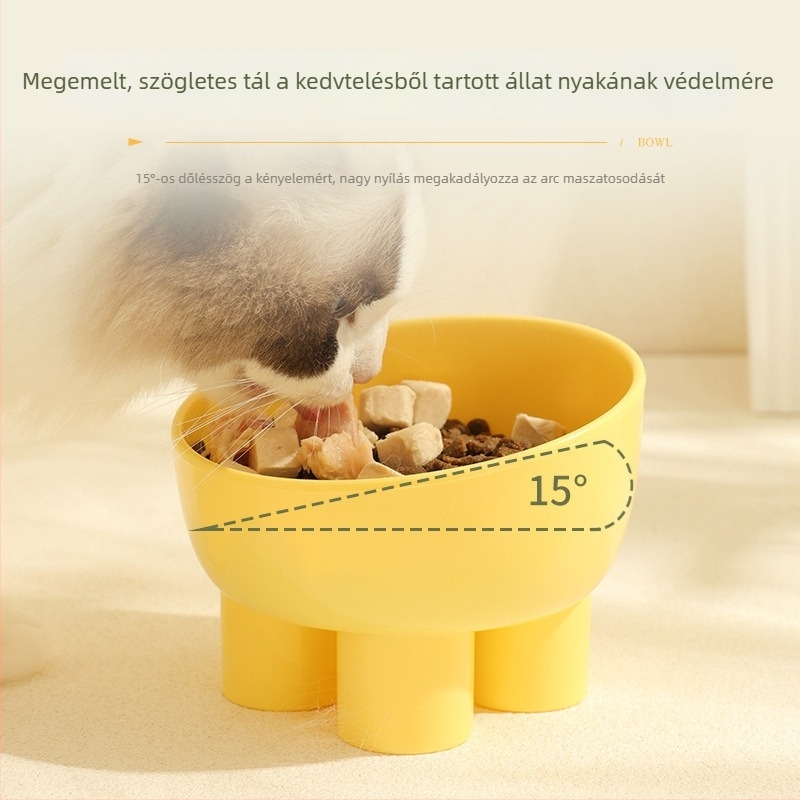 Macska ételtál nyakvédővel, elefántlábak formájú állvány, nagy nyílás, csúszásmentes, macaron színű