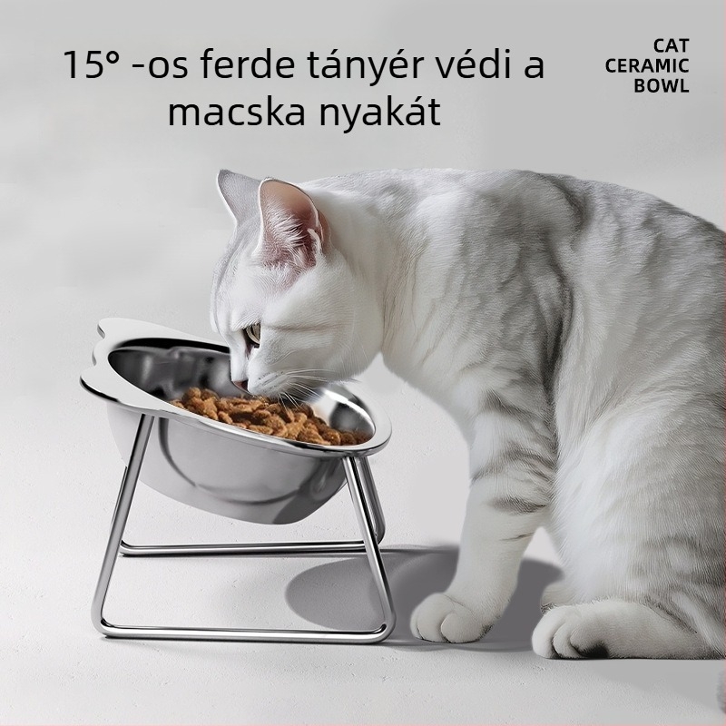 Macska etetőtál rozsdamentes acélból, ferde peremmel a nyak védelmére