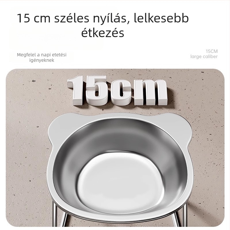 Macska etetőtál rozsdamentes acélból, ferde peremmel a nyak védelmére