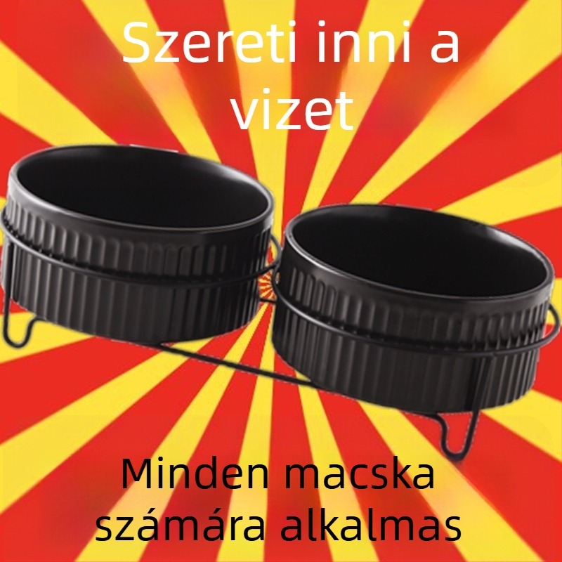 Fekete kerámia macska tál, kettős víz- és etetésedény, anti-tipp, nyaki támasz