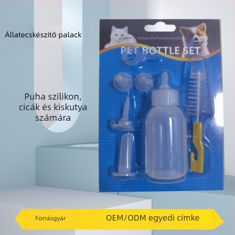 Macska- és kölyökkutya etetőpalack készlet szilikon etetőbimbóval, műanyag, automata etetés
