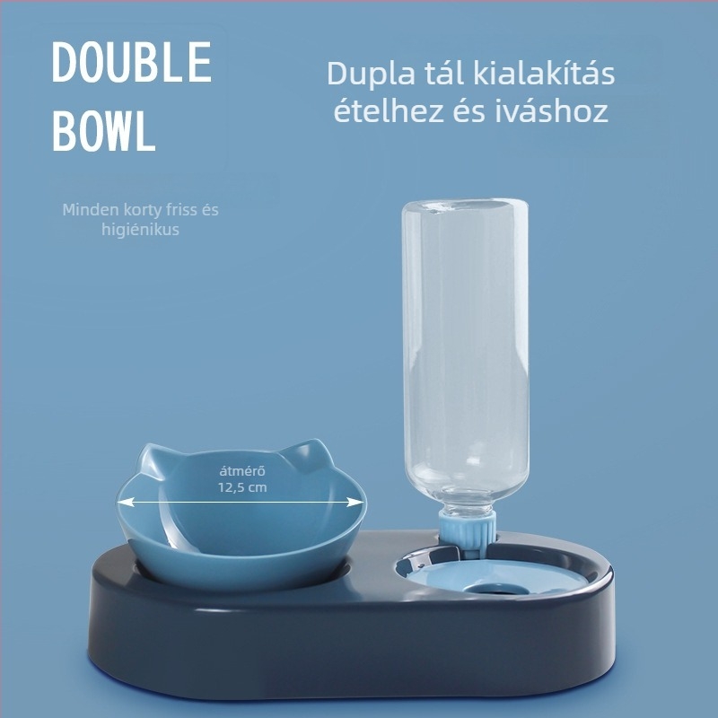 Műanyag macska dupla tál automata víz- és ételadagolóval, anti-tip, minden egyben — Bei muge