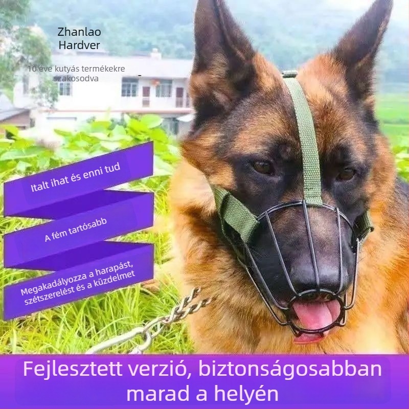 Fémből készült szájkosár kutyáknak ivási funkcióval, az étkezést és harapást, valamint ugatást elleni védelemmel