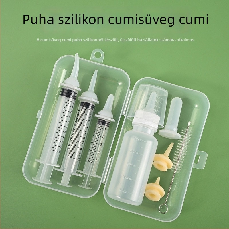 Háromszínű kisállat etető készlet puha szilikon cumikkal és fecskendőkkel macskáknak és kölyökkutyáknak
