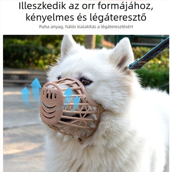 Kutyaszájkosár harapás és ugatás megelőzésére; alkalmas kicsi és nagytestű kutyáknak; anti-bark eszköz és kiegészítő