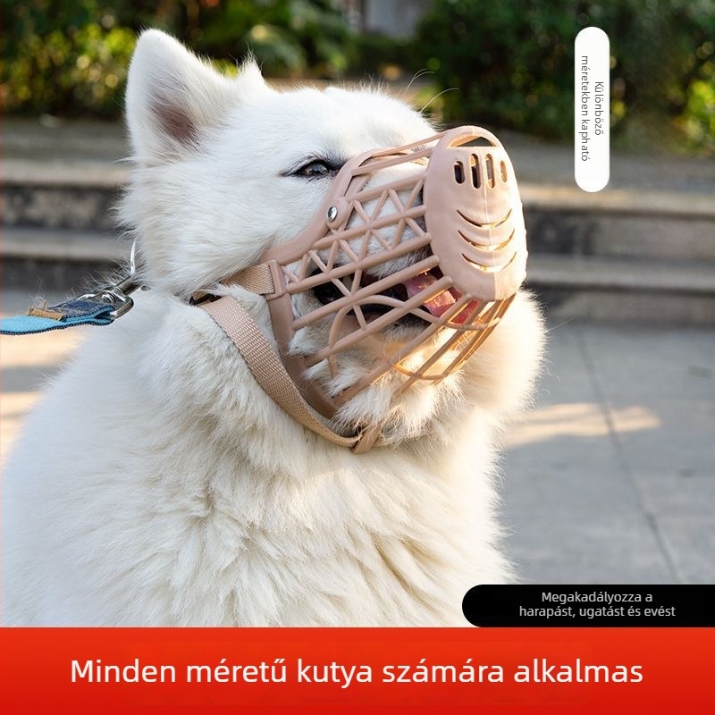 Kutyaszájkosár harapás és ugatás megelőzésére; alkalmas kicsi és nagytestű kutyáknak; anti-bark eszköz és kiegészítő
