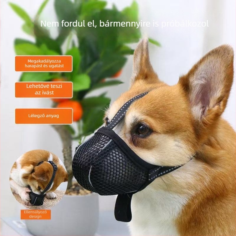 Kutyaszájkosár lélegző hálóval, poliészter, harapás elleni, ugatás elleni, evés elleni