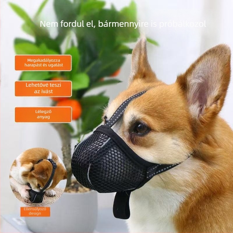 Kutyaszájkosár lélegző hálóval, poliészter, harapás elleni, ugatás elleni, evés elleni