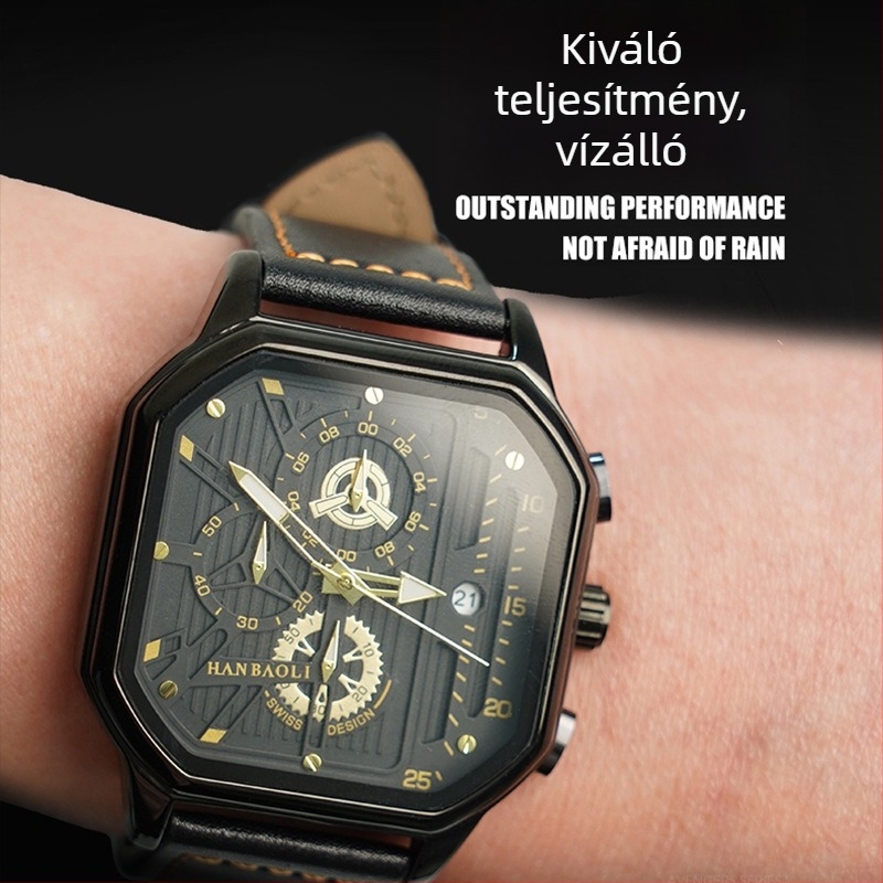 Férfi kvarcóra, 30M vízálló, 42 mm-es számlap, négyzetes tok, fém ház