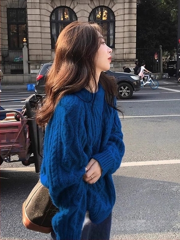Kötött pulóver – japán-koreai casual stílus, laza szabás, kerek nyakú, hosszú ujjú, patchwork
