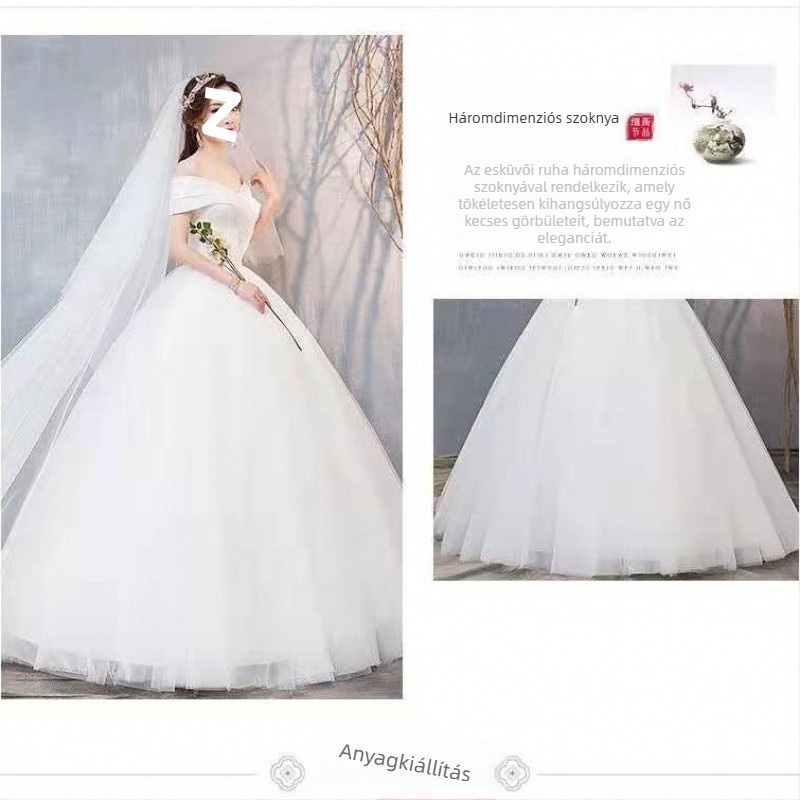 Off-Shoulder esküvői ruha, koreai Mori stílus, egyszerű szabás, hosszú ujjú, magas derék