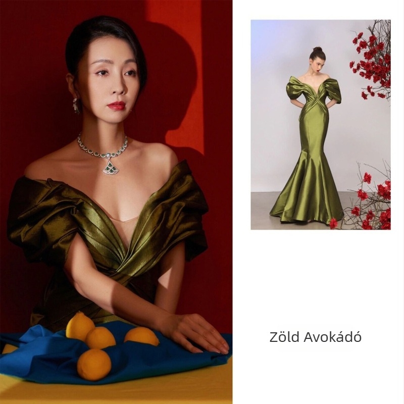 Uszályos estélyi ruha, mély V-nyakkal, fél-ujjú, középmagas derekú, hosszú szoknyával, poliészter 90–95%