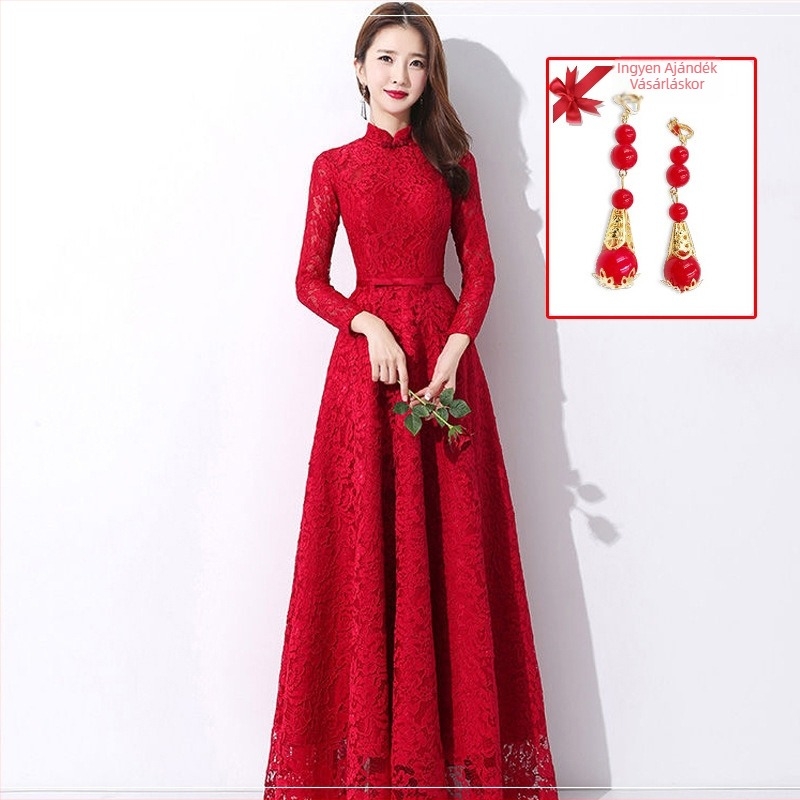 Csipkés hosszú ujjú esküvői ruha, A-vonalú sziluett, kínai stílusú toast esküvői ruha, anyag: 80% poliészter / 10% Vinylon