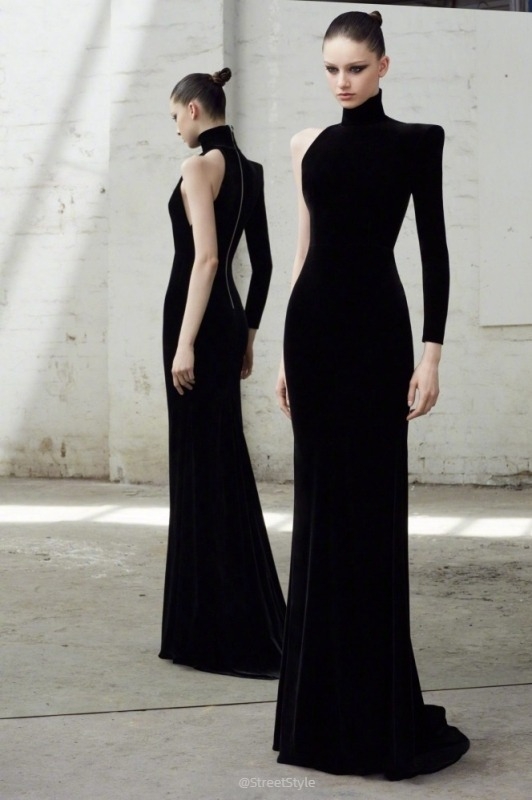 Egyvállas estélyi ruha hosszú ujjú, magas nyakú, halfarok sziluett, poliészter