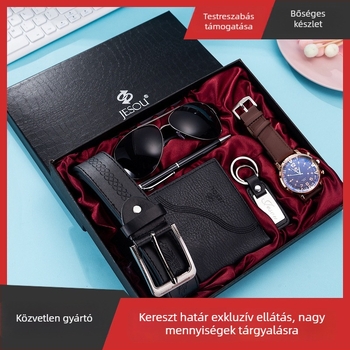 6 részes boutique ajándékcsomag: szemüveg, öv, pénztárca, kulcstartó, nagy számlapos kvarcóra, toll — kvarc mozgás, Pearl márka, tokozás: ötvözet, szíj: műbőr, csat: tűcsat