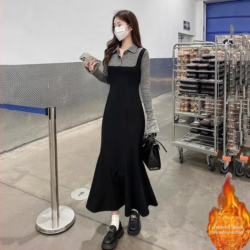 Ruhát két részes illuzórikus dizájn, kapucnival, gallér polo, hosszú ujjú, középméretű hosszúságú hálószövet