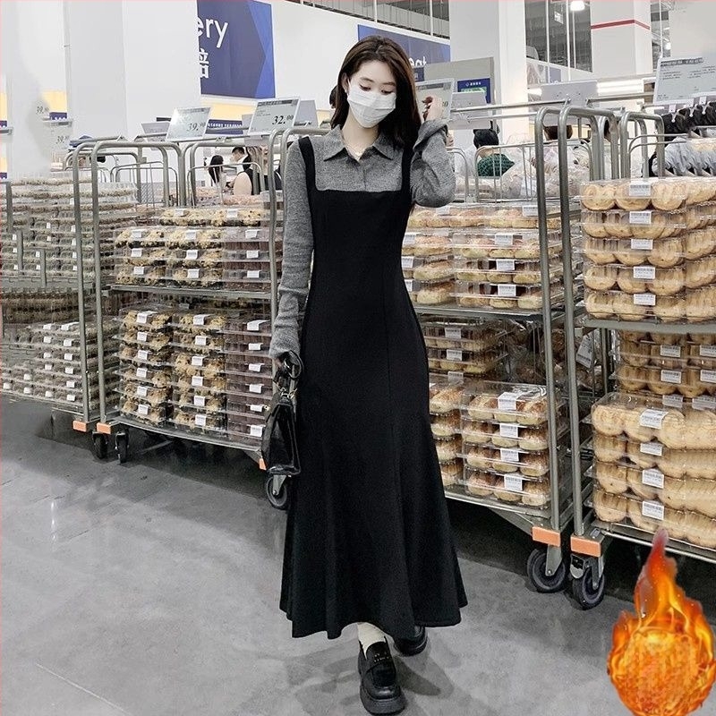 Ruhát két részes illuzórikus dizájn, kapucnival, gallér polo, hosszú ujjú, középméretű hosszúságú hálószövet