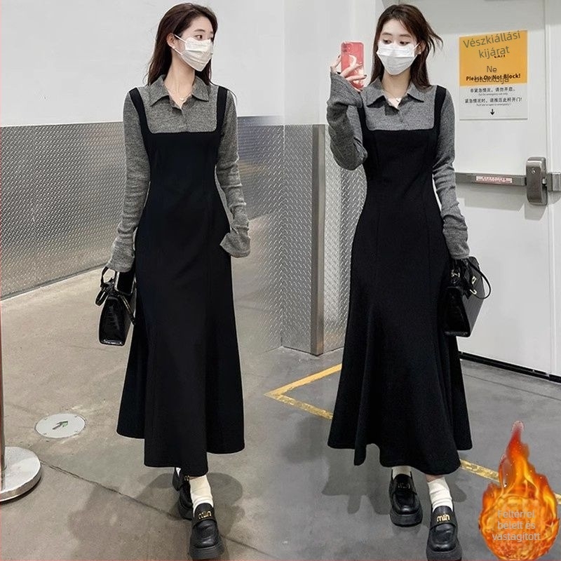 Ruhát két részes illuzórikus dizájn, kapucnival, gallér polo, hosszú ujjú, középméretű hosszúságú hálószövet