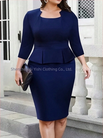 Plusz méretű egyszínű női ruha, elegáns irodai viselet, hamis kétrészes dizájn, bodycon szabás