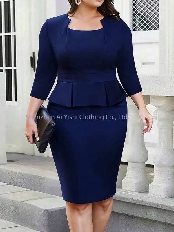 Plusz méretű egyszínű női ruha, elegáns irodai viselet, hamis kétrészes dizájn, bodycon szabás