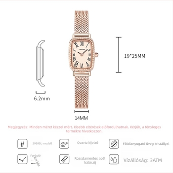 Sinobi női téglalap alakú quartz karóra, modell 9898, vízálló 30m, rozsdamentes acél szíj