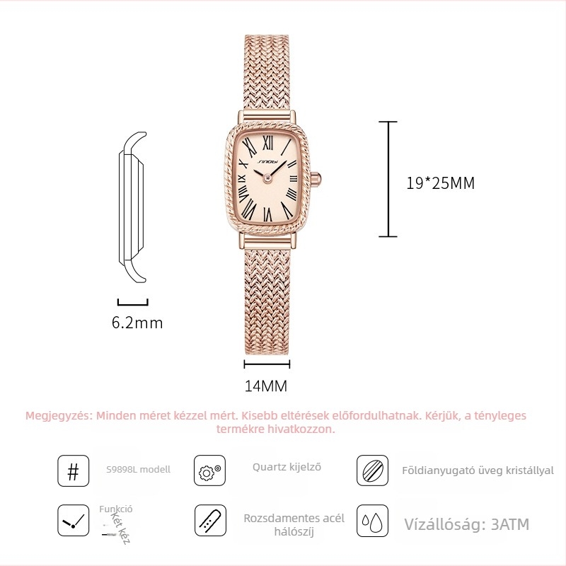Sinobi női téglalap alakú quartz karóra, modell 9898, vízálló 30m, rozsdamentes acél szíj