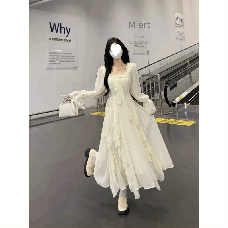 Kender anyagú midi ruha, A-vonalú szabás, hosszú ujjú, magas gallér, fodor