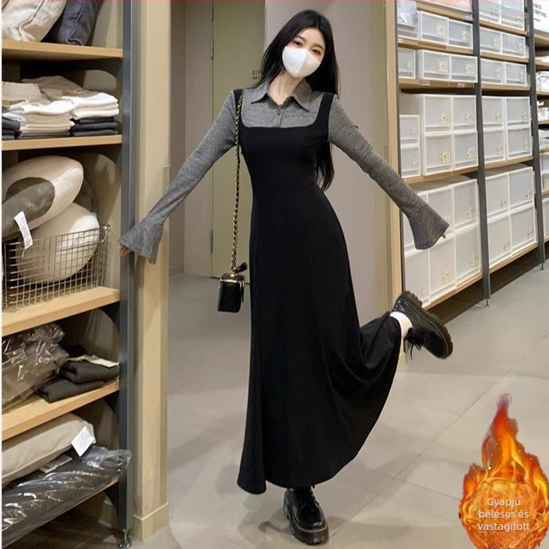 Ruha hamis két részes dizájnnal, középhosszú, polo gallér, kötött anyag