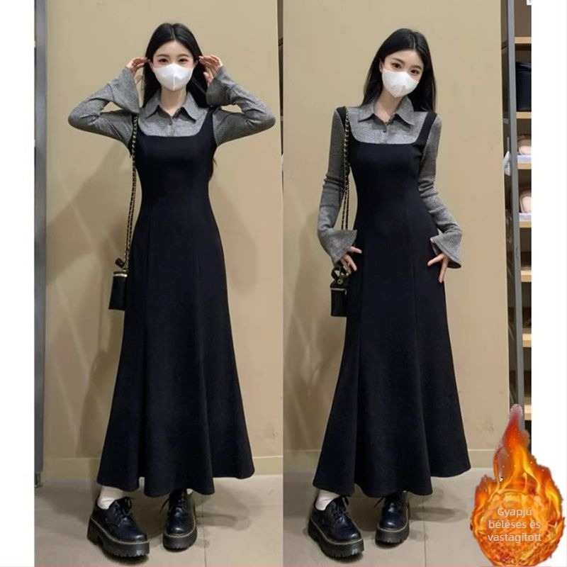 Ruha hamis két részes dizájnnal, középhosszú, polo gallér, kötött anyag