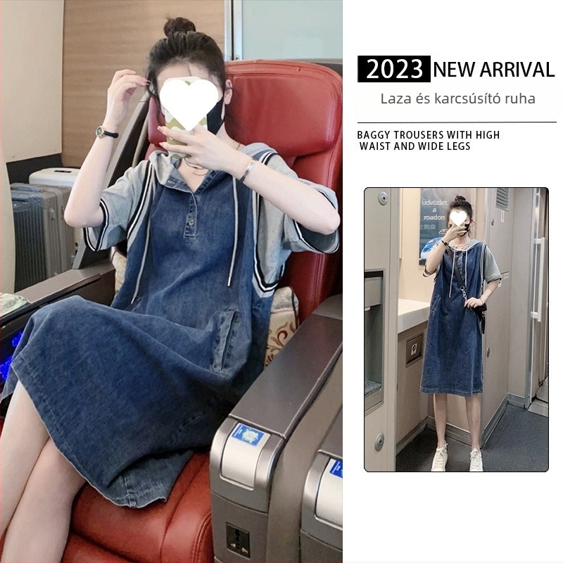 Kapucnis denim ruha — hamis két részes dizájn, patchwork cowboy-stílus, hosszú szoknya