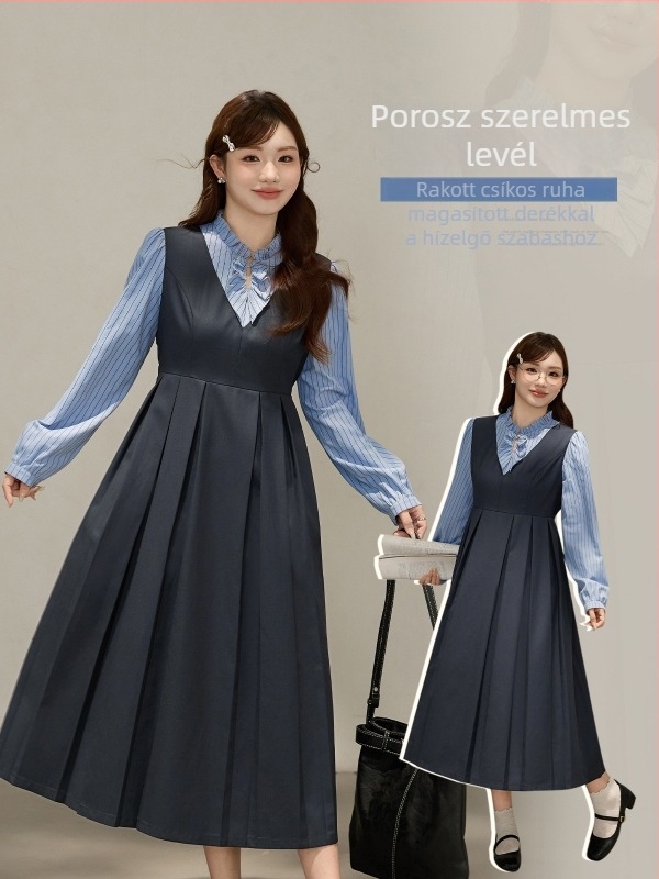Őszi redőzött ruha, karcsúsító hatású, két részesnek tűnő, plusz méret, női, preppy stílus, 66056