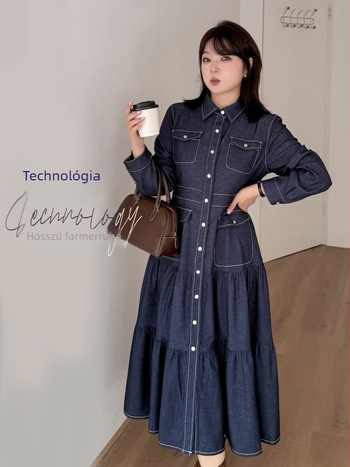 K3146 Plusz méretű női denim ingruha, galléros, hosszú ujjú, A-vonalú, minimalist Japán-koreai stílus