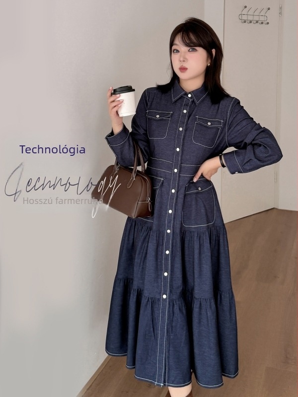 K3146 Plusz méretű női denim ingruha, galléros, hosszú ujjú, A-vonalú, minimalist Japán-koreai stílus