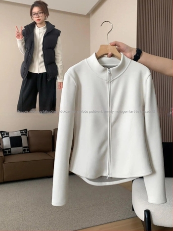 Slim-fit polár fleece kardigán dzseki álló gallérral, kétoldalas plüss bélés, cipzáros záródás