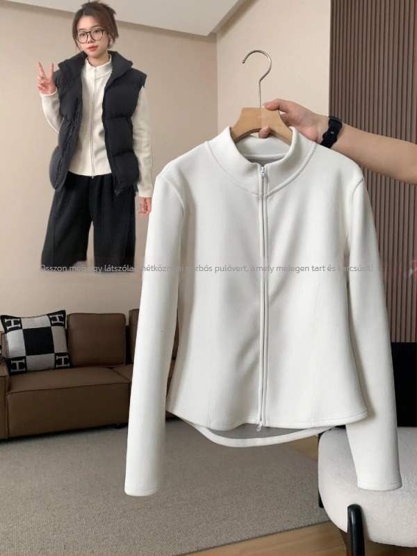 Slim-fit polár fleece kardigán dzseki álló gallérral, kétoldalas plüss bélés, cipzáros záródás