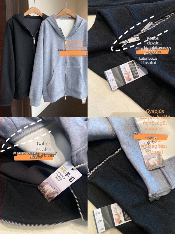 Női kapucnis pulóver dzseki gyapjúkeverék fleece-beléssel, vastag és meleg, lazán szabott, zipzár, kód G110224
