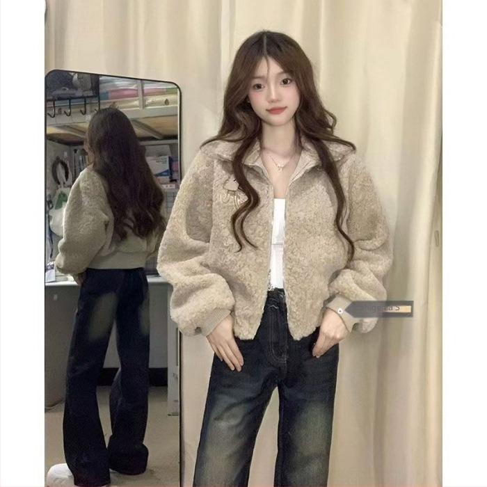 Női bárány fleece kardigán polo gallérral, hosszú ujjú, pulóver stílus, középmagasság; spandex tartalom <30%